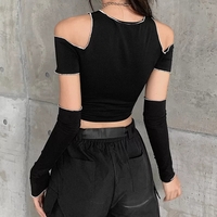 Cute Black Patchwork Cut Shoulder Crop Top Short Sleeve Shirt Punk Goth Summer Aesthetic Casual E-Girl Kawaii Korean Japanese Harajuku - Thumbnail 2