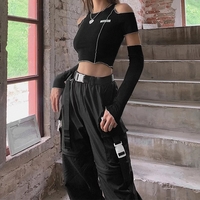 Cute Black Patchwork Cut Shoulder Crop Top Short Sleeve Shirt Punk Goth Summer Aesthetic Casual E-Girl Kawaii Korean Japanese Harajuku - Thumbnail 1
