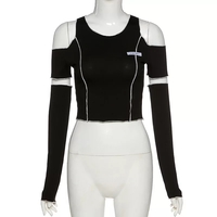 Cute Black Patchwork Cut Shoulder Crop Top Short Sleeve Shirt Punk Goth Summer Aesthetic Casual E-Girl Kawaii Korean Japanese Harajuku - Thumbnail 3