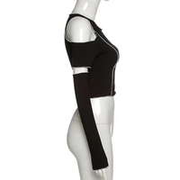 Cute Black Patchwork Cut Shoulder Crop Top Short Sleeve Shirt Punk Goth Summer Aesthetic Casual E-Girl Kawaii Korean Japanese Harajuku - Thumbnail 4