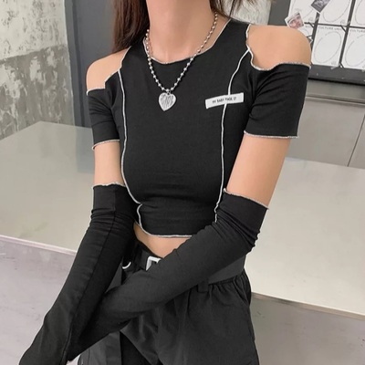 Cute black patchwork cut shoulder crop top short sleeve shirt punk goth summer aesthetic casual e-girl kawaii korean japanese harajuku - Thumbnail 5