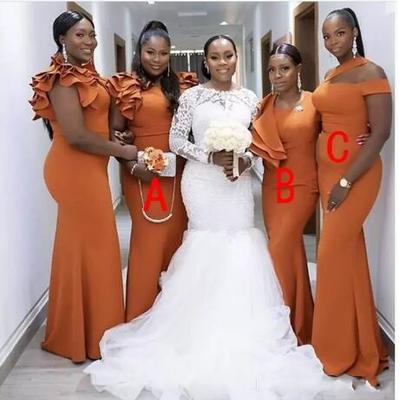 Dark orange bridesmaid dresses mermaid plus size african ruffles straps custom made plus size chiffon floor length maid of honor gown