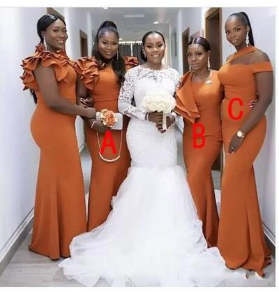 Dark Orange Bridesmaid Dresses Mermaid Plus Size African Ruffles Straps Custom Made Plus Size Chiffon Floor Length Maid of Honor Gown