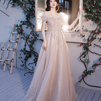 Pink tulle beads long prom dress A line evening dress - Thumbnail 1