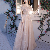 Pink tulle beads long prom dress A line evening dress - Thumbnail 3