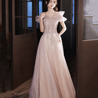 Pink tulle beads long prom dress A line evening dress - Thumbnail 2