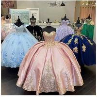 Pink Quinceanera Dresses with Gold Lace Applique Elegant Off the Shoulder Satin Sweet 16 Birthday Party Ball Gown Custom Made vestidos - Thumbnail 1