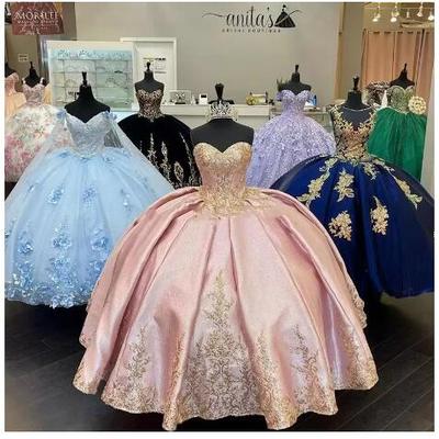Pink quinceanera dresses with gold lace applique elegant off the shoulder satin sweet 16 birthday party ball gown custom made vestidos
