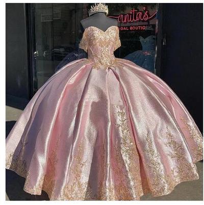 Pink Quinceanera Dresses with Gold Lace Applique Elegant Off the Shoulder Satin Sweet 16 Birthday Party Ball Gown Custom Made vestidos