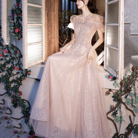 Pink tulle beads long prom dress A line evening dress - Thumbnail 5