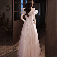 Pink tulle beads long prom dress A line evening dress - Thumbnail 4