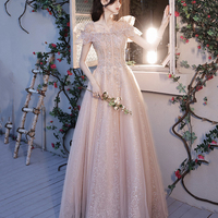 Pink tulle beads long prom dress A line evening dress - Thumbnail 6