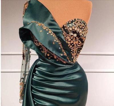 Hunter Green Evening Dresses Mermaid Dubai Plus Size One Shoulder Long Sleeves Crystals Beaded Satin Custom Made Prom Party Gown Formal Occasion 