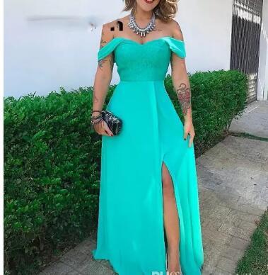 Turquoise Long Prom Dresses Sweetheart A-line Side Split Plus Size Lace Chiffon Evening Gown robe de soiree