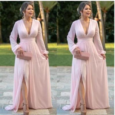 Pink chiffon evening dresses deep v neck long sleeves prom dress side split a line bride party gowns