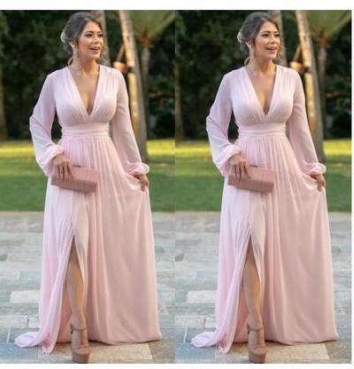 Pink Chiffon Evening Dresses Deep V Neck Long Sleeves Prom Dress Side Split A Line Bride Party Gowns