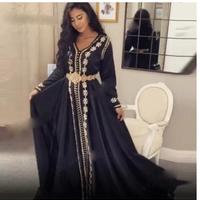 Moroccan Kaftan Evening Dresses Appliques Long Evening Dress Muslim Full Sleeve Arabic Party Dress - Thumbnail 1