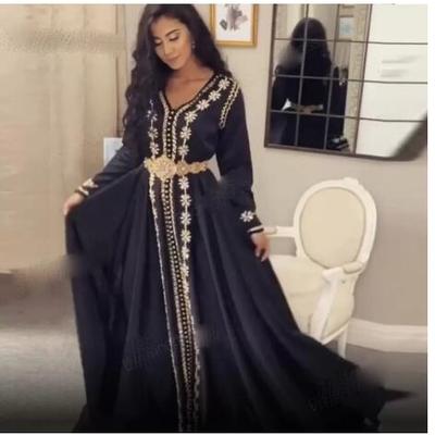 Moroccan kaftan evening dresses appliques long evening dress muslim full sleeve arabic party dress