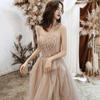 Cute tulle sequins long prom dress A line evening gown - Thumbnail 1