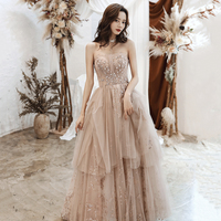 Cute tulle sequins long prom dress A line evening gown - Thumbnail 4