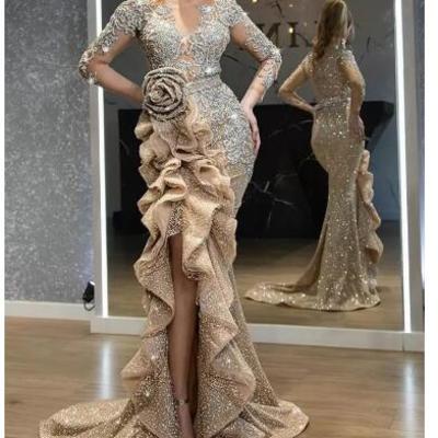  gold sequins mermaid prom dresses elegant long sleeves evening gowns 2021 off shoulder women cheap high split formal dress