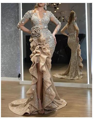  Gold Sequins Mermaid Prom Dresses Elegant Long Sleeves Evening Gowns 2021 Off Shoulder Women Cheap High Split Formal Dress