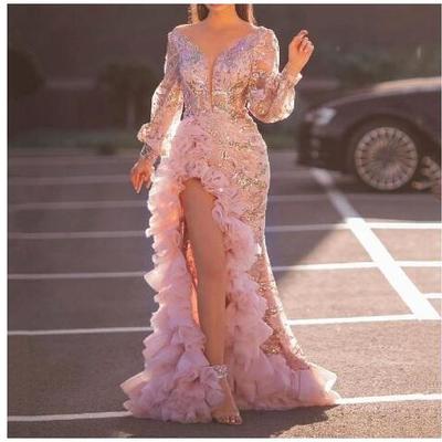 Pink evening dresses wear sheath long sleeves illusion crystal beading high side split floor length party dress prom gowns open back robes de soirée