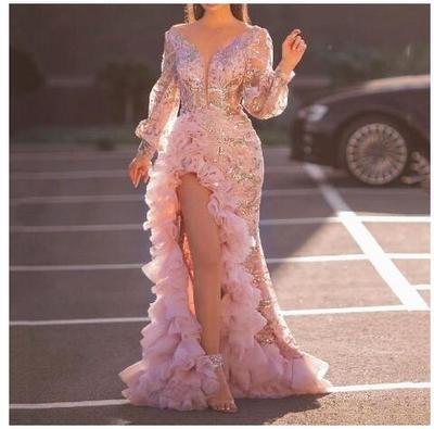 Pink Evening Dresses Wear Sheath Long Sleeves Illusion Crystal Beading High Side Split Floor Length Party Dress Prom Gowns Open Back Robes De Soirée