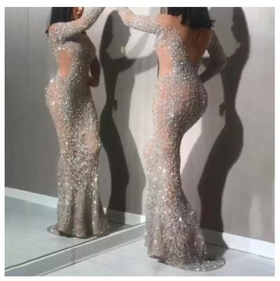 Sequined Evening Dresses Off Shoulder Long Sleeves Side Split Prom Celebrity Gowns Feather Sexy Plus Size Formal Party Dress