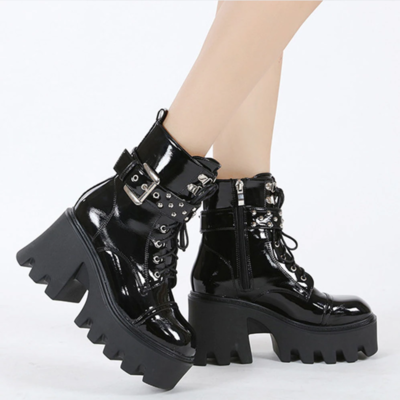 Chunky heel zipper goth motorcycle boot
