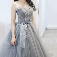 Gray tulle applique long prom dress A line evening gown - Thumbnail 1