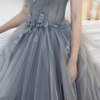 Gray tulle applique long prom dress A line evening gown - Thumbnail 2