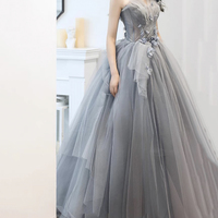 Gray tulle applique long prom dress A line evening gown - Thumbnail 3