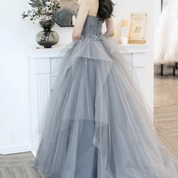 Gray tulle applique long prom dress A line evening gown - Thumbnail 4