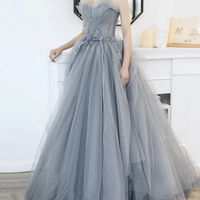 Gray tulle applique long prom dress A line evening gown - Thumbnail 5