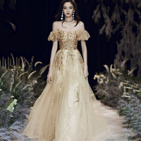 Gold sequins long prom dress A line evening dress - Thumbnail 1