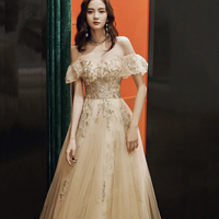 Gold sequins long prom dress A line evening dress - Thumbnail 2