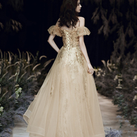 Gold sequins long prom dress A line evening dress - Thumbnail 5