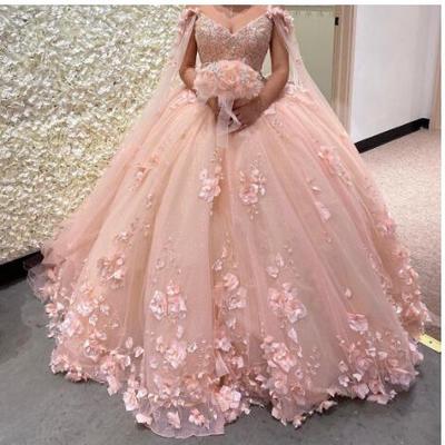 Romantic pink 3d floral flowers ball gown quinceanera prom dresses with cape wrap caftan sexy crystal beaded lace long sweet 16 dress vestidos 