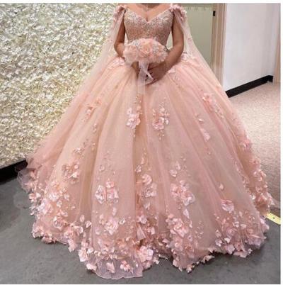 Romantic Pink 3d Floral Flowers Ball Gown Quinceanera Prom Dresses with Cape Wrap Caftan Sexy Crystal Beaded Lace Long Sweet 16 Dress Vestidos 