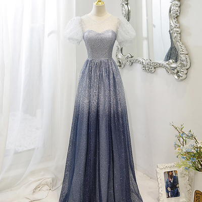 Gray tulle beads long prom dress a line evening dress - Thumbnail 3