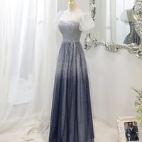 Gray tulle beads long prom dress A line evening dress - Thumbnail 1