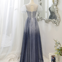 Gray tulle beads long prom dress A line evening dress - Thumbnail 3