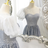 Gray tulle beads long prom dress A line evening dress - Thumbnail 2