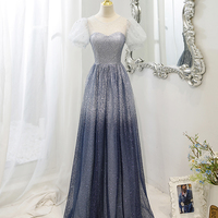 Gray tulle beads long prom dress A line evening dress - Thumbnail 4