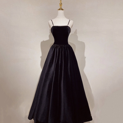 Black velvet long prom dress a line evening dress - Thumbnail 1