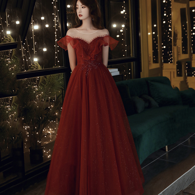 Burgundy tulle beads long prom dress a line evening gown - Thumbnail 2