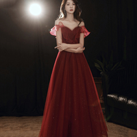 Burgundy tulle beads long prom dress A line evening gown - Thumbnail 2