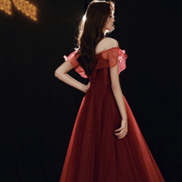 Burgundy tulle beads long prom dress A line evening gown - Thumbnail 5