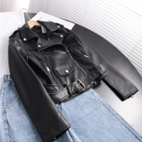 Sylish PU Leather Jacket with Belt - Thumbnail 2
